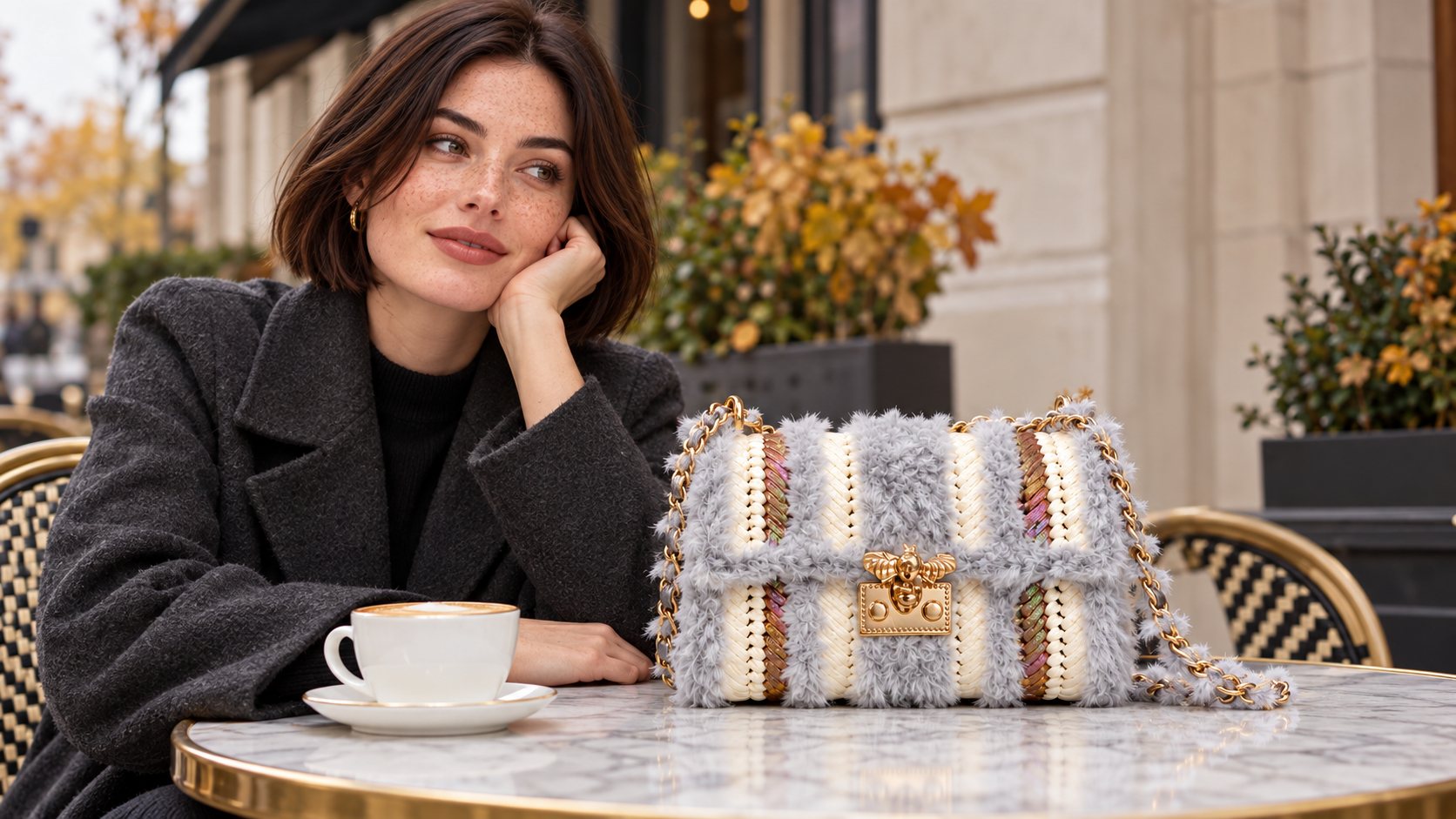 O femeie în palton antracit la o masă de marmură a unei cafenele, cu geanta Melissa lângă cafea.